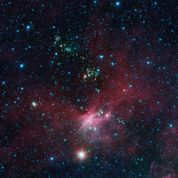 Image: Dozens of newborn stars sprouting jets from their dusty cocoons have been spotted in images from NASA's Spitzer Space Telescope. In this view showing a portion of sky near Canis Major, infrared data from Spitzer are green and blue, while longer-wavelength infrared light from NASA's Wide-field Infrared Survey Explorer (WISE) are red.