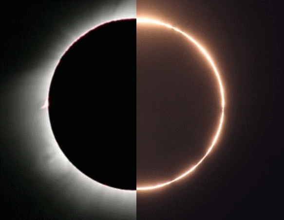 Hybrid Solar Eclipse of April 8, 2005. Left: Total eclipse, Right: Annular. Credit: NASA